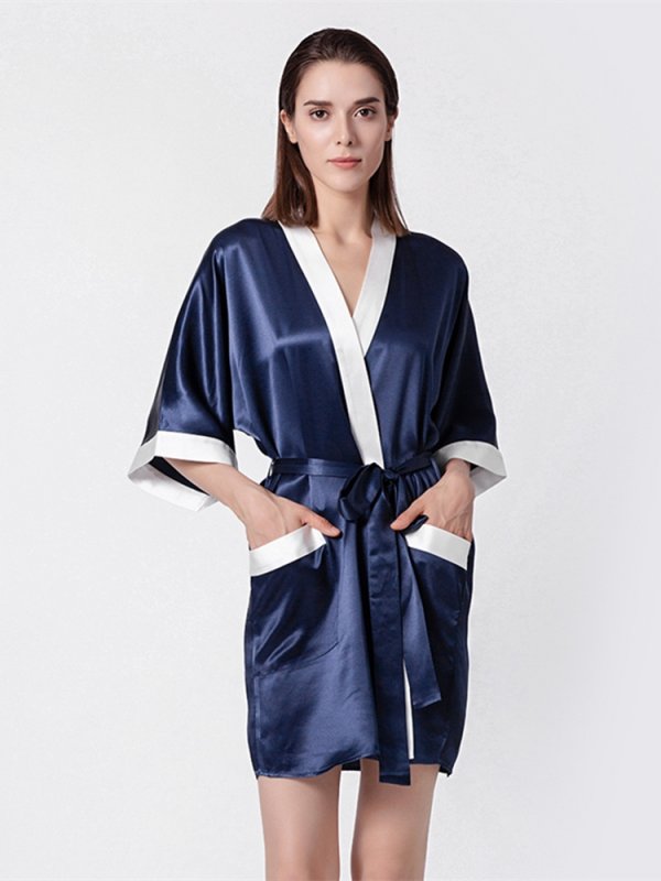 Classic Soft Contrast Trim Silk Robe For Women